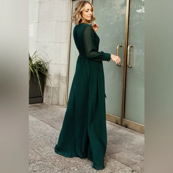 hunter green maxi dress with sleeves Dark Green Linen Cotton Maxi Dress – Vintage Long Sleeve Boat Neck 1454 Emerald Green / XS main image 0